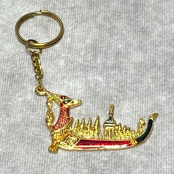 Golden Dragon Boat Keychain With Intricate Temple Design & Red/Green Details - Picture 1 of 9